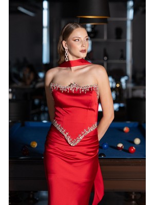 Abiyefon Taşlı Straplez Peplum Kesim Uzun Saten Balık Abiye ABU5644