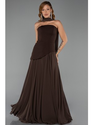 Abiyefon Straplez Peplum Kesim Şallı Uzun Şifon Abiye ABU6042