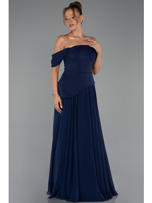 Abiyefon Kayık Yaka Peplum Uzun Şifon Abiye Elbise ABU6345