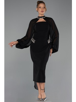 Abiyefon Straplez Uzun Kol Pelerinli Midi Gece Elbisesi ABK2664