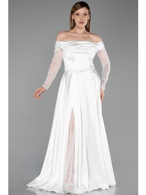 Abiyefon Dantelli Uzun Kol Kayık Yaka Saten Abiye Elbisesi ABU6219