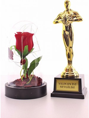 Hace Bazaar Yılın En Iyi Sevgilisi Oscar Ödülü ve LED Işıklı Fanus Gül Seti