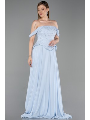 Abiyefon Kayık Yaka Taşlı Peplum Kesim Uzun Şifon Abiye ABU6221