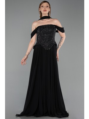 Abiyefon Kayık Yaka Taşlı Peplum Kesim Uzun Şifon Abiye ABU6221