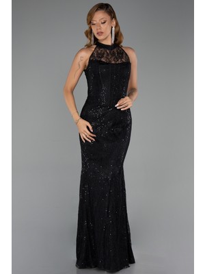 Abiyefon Dantelli Halter Yaka Uzun Pullu Abiye Elbise ABU6332