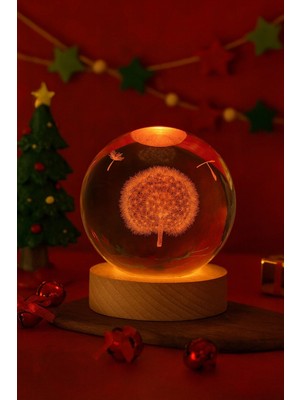 Hace Bazaar 3D Karahindiba Temalı Kristal Küre Gün Işığı LED Gece Lambası – Usb'li Ahşap Standlı LED Lamba