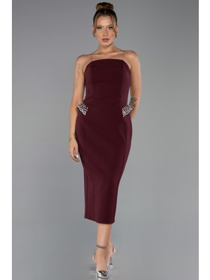 Abiyefon Straplez Uzun Kol Pelerinli Midi Gece Elbisesi ABK2664