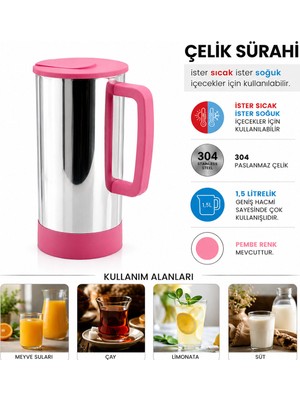 Ankaverse Pembe - Paslanmaz Çelik Sıcak - Soğuk Çelik Sürahi (5286)