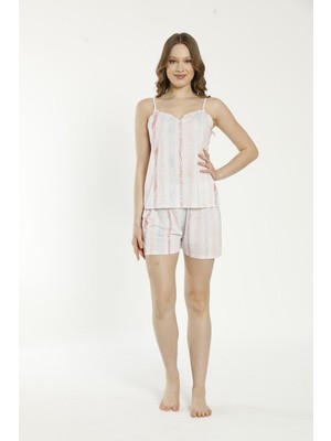 Estiva 22026 Kadın Çizgi Desenli Viskon Askılı Şortlu Pijama Takımı