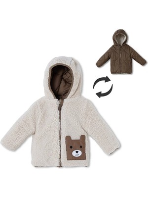 Midimod Erkek Bebek Mont Ayı Baskılı Fermuarlı Kapüşonlu Long Sleeve