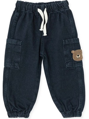 Hellobaby Erkek Bebek Denim Pantolon Ayı Baskılı Bağcıklı Lastikli