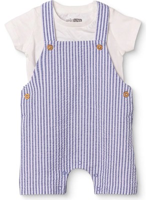 Hellobaby Erkek Bebek Şort Salopet-Tshirt Çizgili Düğmeli Bisiklet Yaka Uzun Kol Patiksiz