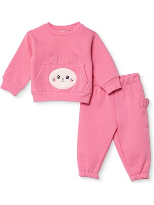 Hellobaby Kız Bebek Eşofman Takımı Tavşan Baskılı Bisiklet Yaka Long Sleeve Lastikli