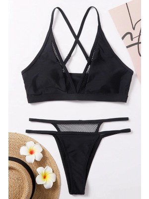 Hace Bazaar Kadın Siyah File Detaylı Özel Bikini Takımı