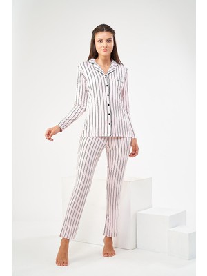 Pjs 22447 Kadın Çizgili Düğmeli Pijama Takım