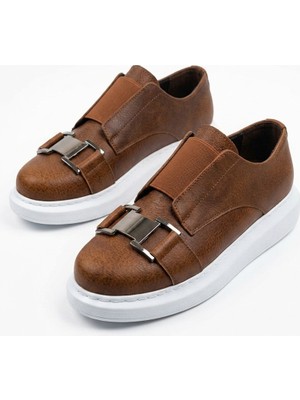 Zerenyus ZRCX297 Premium Erkek Lastikli Ortopedik Sneaker Taba Beyaz