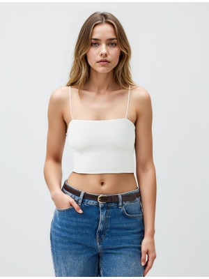 Jimmy Key Beyaz Dar Kesim Açık Yaka Kısa Örme Bralet