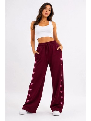 Hace Bazaar Kadın Osy Modal Yumuşak Dokulu Nakışlı Cepli Oversize Bol Paça Eşofman Altı - Bordo