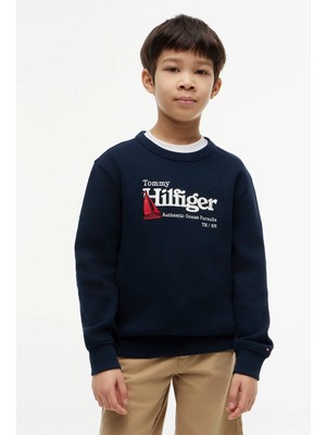 Tommy Hilfiger Lacivert Erkek Çocuk Bisiklet Yaka Nakışlı Sweatshirt KB0KB10506-EMBROIDERY Graphıc Sweat