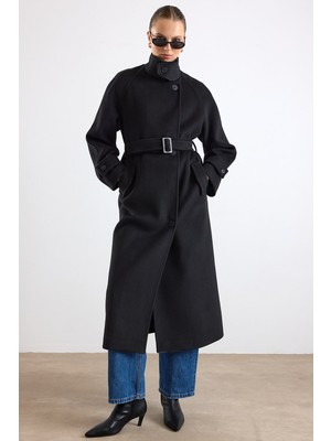 Olcay Dik Yaka Pat Detaylı Oversize Kaban Siyah 3177