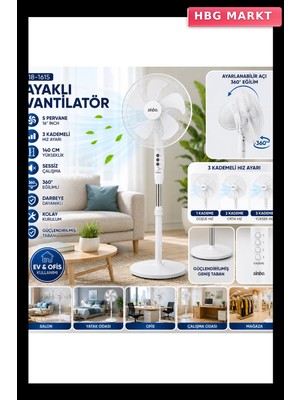 HBG Markt Beyaz 5 Pervaneli 16 Inç Ayaklı Vantilatör SF-6789 140CM Yükseklik