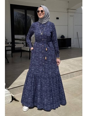 Rabia Şamlı Süreyya Kot Efektli Gömlek Elbise Lacivert