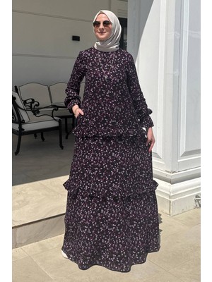 Rabia Şamlı Mine Elbise Lila Çiçekli Siyah