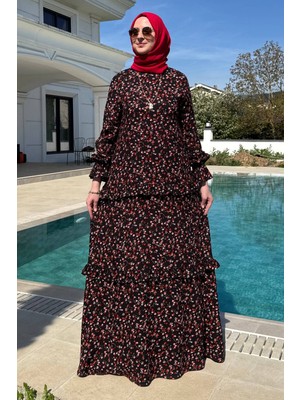 Rabia Şamlı Mine Elbise Turuncu Çiçekli Siyah