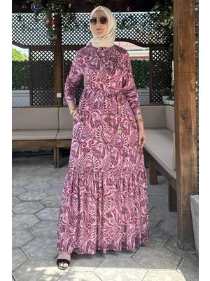 Rabia Şamlı Rengin Şal Desenli Gömlek Elbise Fuşya