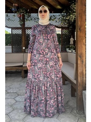 Rabia Şamlı Rengin Şal Desenli Gömlek Elbise Pembe