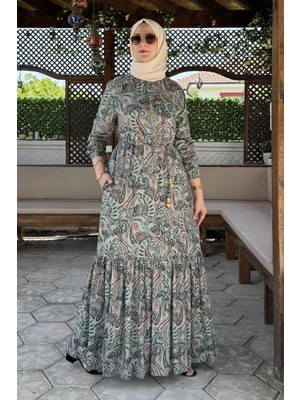 Rabia Şamlı Rengin Şal Desenli Gömlek Elbise Yeşil