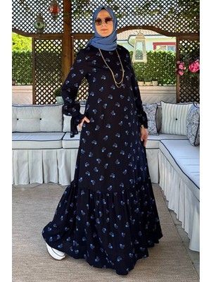 Rabia Şamlı Gül Mavi Çiçekli Elbise