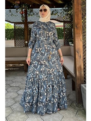 Rabia Şamlı Rengin Şal Desenli Gömlek Elbise Mavi