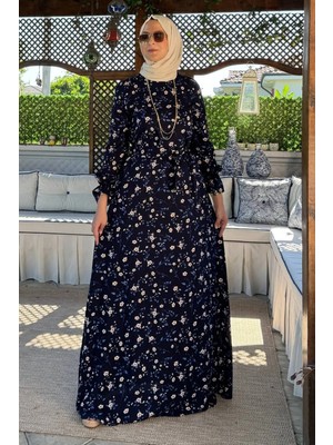 Rabia Şamlı Bihter Mavi Yapraklı Elbise