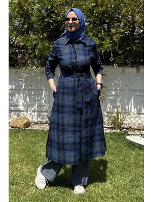 Rabia Şamlı Doğa Kareli Mavi Tunik