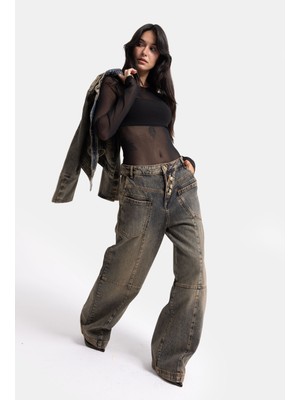 It's Basic Kadın Koyu Kot 4W6-85 Mega Baggy Aksesuar Detaylı Tasarım Denim Jean