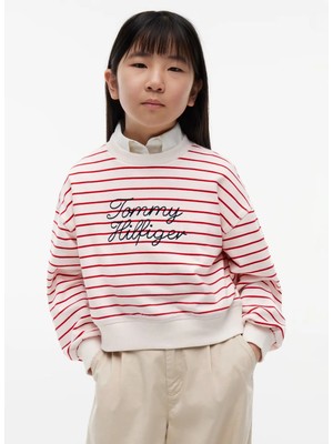 Tommy Hilfiger Beyaz Kız Çocuk Çizgili Sweatshirt KG0KG09439-TOMMY Hılfıger Crew Neck