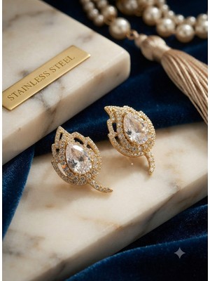 Stainless Steel Pirinç Gold Renk Zirkon Taşlı Yaprak Model Küpe