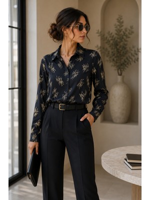 Sateen Baskılı Klasik Gömlek-Gold