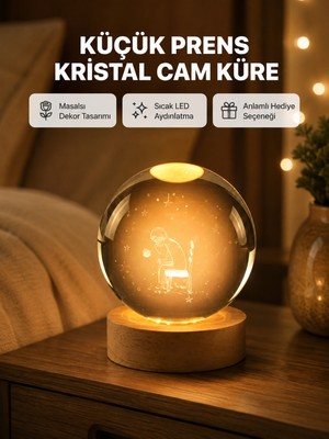 Kaufhier 8 cm Küçük Prens Cam Küre USB Işıklı Ahşap Tabanlı Dekor