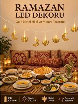 Kaufhier Minareli Hilal LED Işık Gold Metal Gövdeli Pilli Ramazan Dekoru