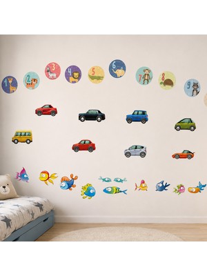 Tilki Dünyası Sevimli Hayvanlı Sayılar, Arabalar ve Deniz Canlıları 3'lü Çocuk Odası Duvar Sticker Seti