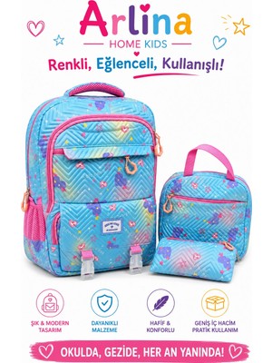 Arlina Home Kids Kore Model 3 Lü Set Su Geçirmez Kız Çocuk Çantası Mavi-Pembe Çanta-Beslenme-Kalemlik Seti