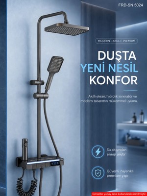 Piyano Tuşlu Dijital Duş Seti — Freddo 4 Fonksiyonlu LED Ambiyans Işıklı Termostatik Akıllı Duş Seti, Yağmurlama Tepe Duş + El Duşu + Banyo Bataryası (Antrasit) Frd-Sn 5024