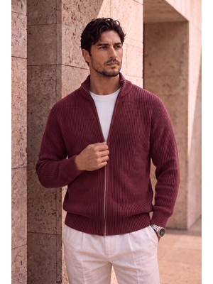 Woody Oversize Selanik Örme Fermuarlı Erkek Hırka- Bordo