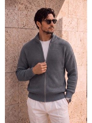Woody Oversize Selanik Örme Fermuarlı Erkek Hırka- Füme