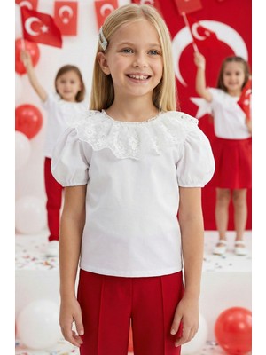 Parla Kids Kız Çocuk Ekru Bisiklet Yaka Dantelli Kısa Kol 23 Nisan Abiye Bluz Gömlek Gösteri Kıyafeti