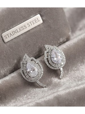 Stainless Steel Pirinç Gümüş Renk Zirkon Taşlı Yaprak Model Küpe