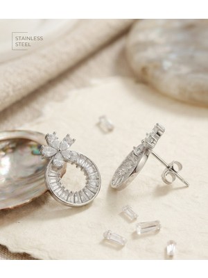 Stainless Steel Pirinç Gümüş Renk Zirkon Taşlı Halka Model Çiçek Figür Küpe
