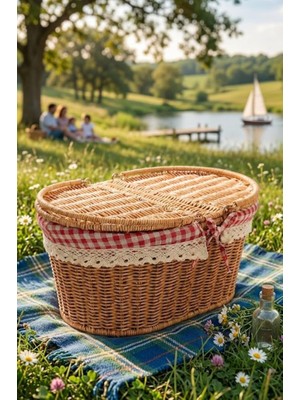 Atbyhome Hasır Piknik Sepeti Kapaklı ve Bezli Rattan Sepet Organizer 40X29X18